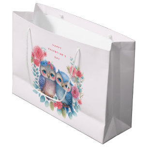 Grand Sac Cadeau Chouettes amoureuses assis sur une branche d'arbre