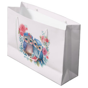 Grand Sac Cadeau Chouettes amoureuses Assis sur une branche d'arbre