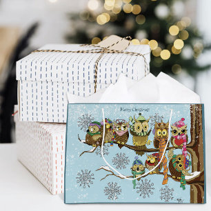 Grand Sac Cadeau Chouettes mignonnes Flocons de neige hivernaux Ble