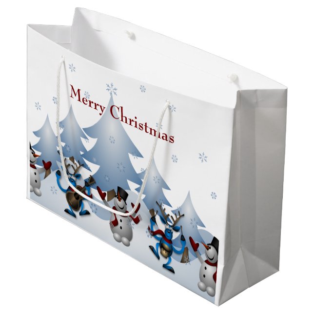 Grand Sac Cadeau Christmas Cute Snowman et Reindeer Band (Devant Angle)