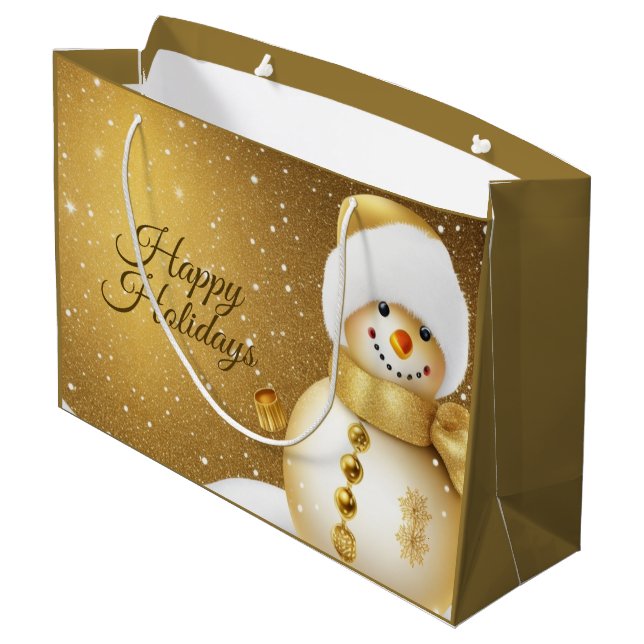 Grand Sac Cadeau Christmas Party Golden Snowman Snowflakes Holidays (Dos Angle)
