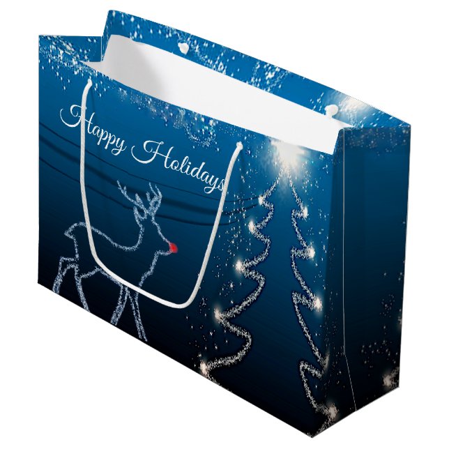 Grand Sac Cadeau Christmas Party Reindeer Tree Blue Sky Shiny Stars (Devant Angle)