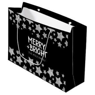 Grand Sac Cadeau Christmas Sparkle Stars Joyeux Nom de famille
