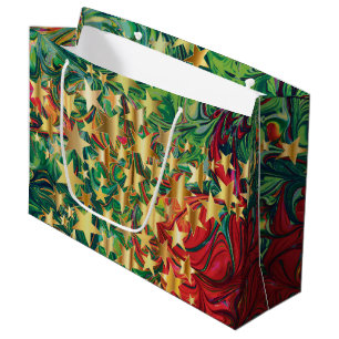 Grand Sac Cadeau CHRISTMAS STARS Abstrait Red Green Gold Festive