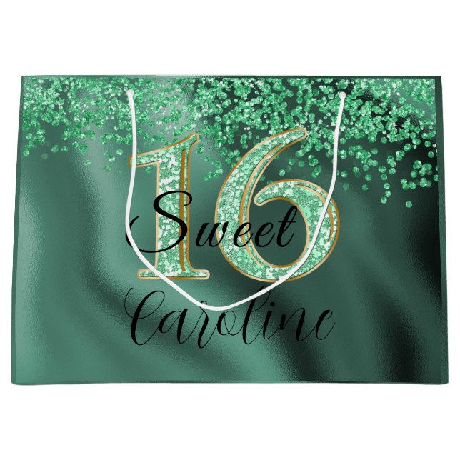 Grand Sac Cadeau Chute Parties scintillant verte douce 16 Anniversa (Devant)