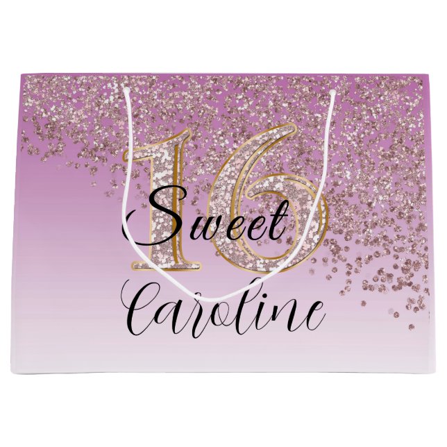 Grand Sac Cadeau Chute Rose Parties scintillant or doux 16 Annivers (Devant)