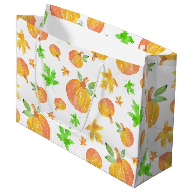 Grand Sac Cadeau Citrouille aquarelle et Motif feuille d'érable (Devant Angle)