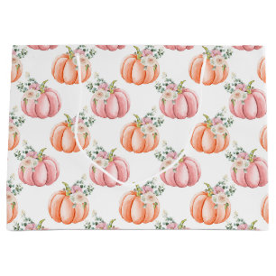 Grand Sac Cadeau Citrouille floral rose et orange doux à la chute
