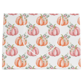 Grand Sac Cadeau Citrouille floral rose et orange doux à la chute