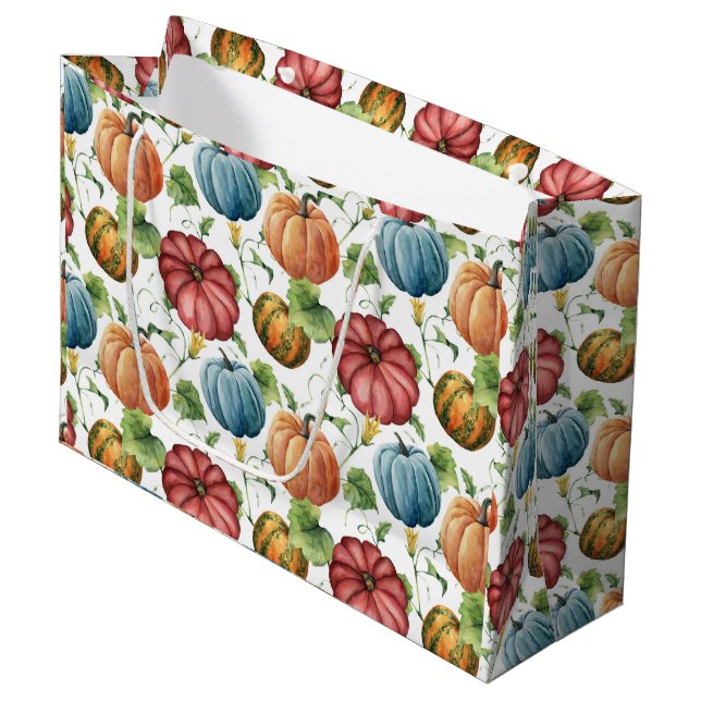 Grand Sac Cadeau Citrouille orange et bleu motif (Devant Angle)