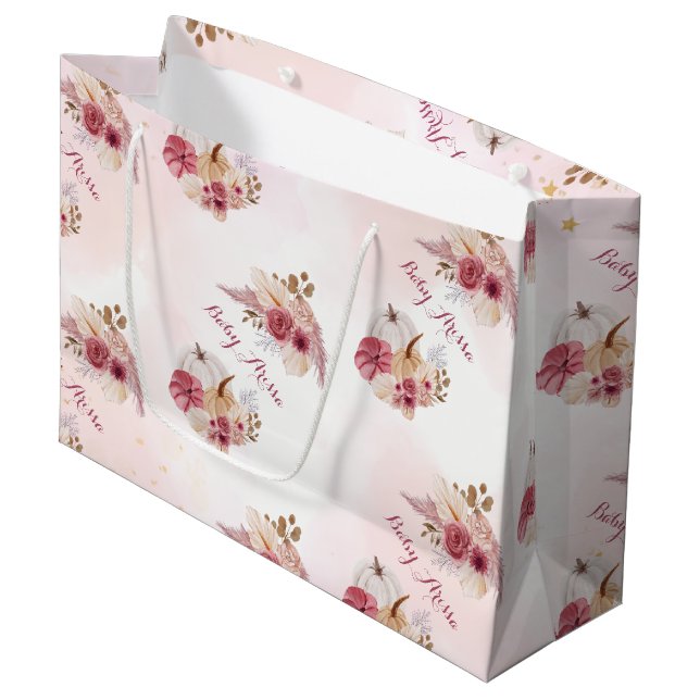 Grand Sac Cadeau Citrouille rose automne Pampas Baby shower fille e (Devant Angle)