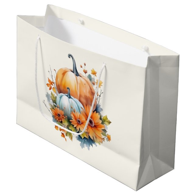 Grand Sac Cadeau Citrouilles d'automne avec Fleurs et Foliage (Devant Angle)