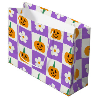 Grand Sac Cadeau Citrouilles d'Halloween à carreaux et fleurs rétro