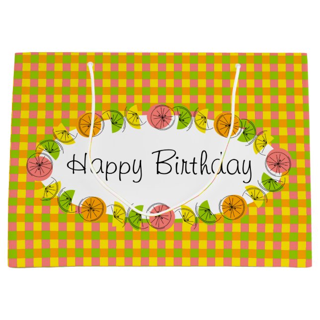 Grand Sac Cadeau Citrus Oval Check Joyeux Anniversaire grand (Devant)