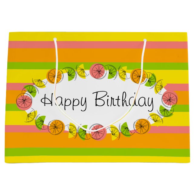 Grand Sac Cadeau Citrus Oval Stripe Classic Joyeux Anniversaire gra (Devant)