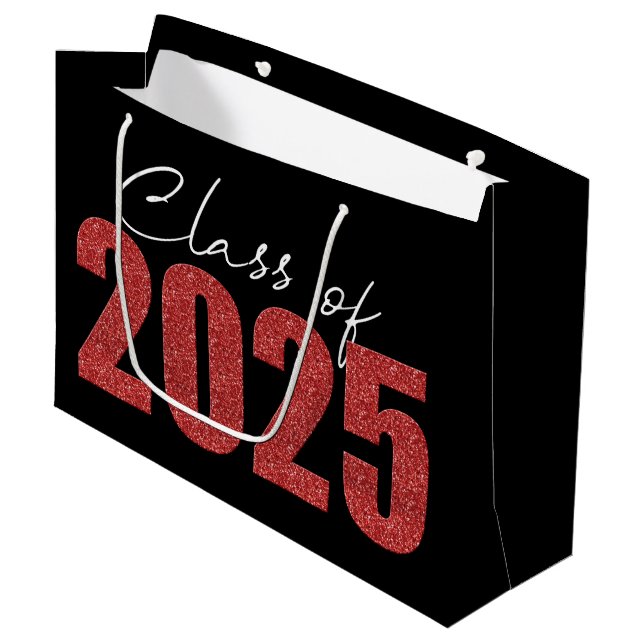 Grand Sac Cadeau Classe Parties scintillant rouge de 2025 (Devant Angle)