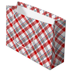 Grand Sac Cadeau Classic Rouge Vert Bleu Blanc Plaid Motif