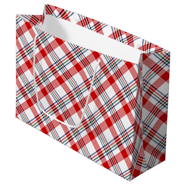 Grand Sac Cadeau Classic Rouge Vert Bleu Blanc Plaid Motif (Devant Angle)