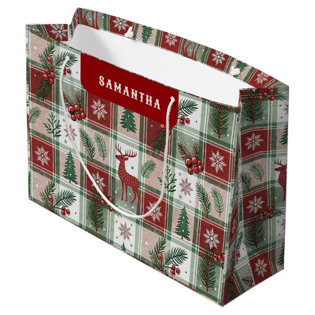 Grand Sac Cadeau Classic Vintage Christmas Plaid & Holly Pattern (Dos Angle)