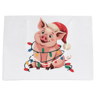 Grand Sac Cadeau Cochon aux lumières de Noël portant un chapeau de