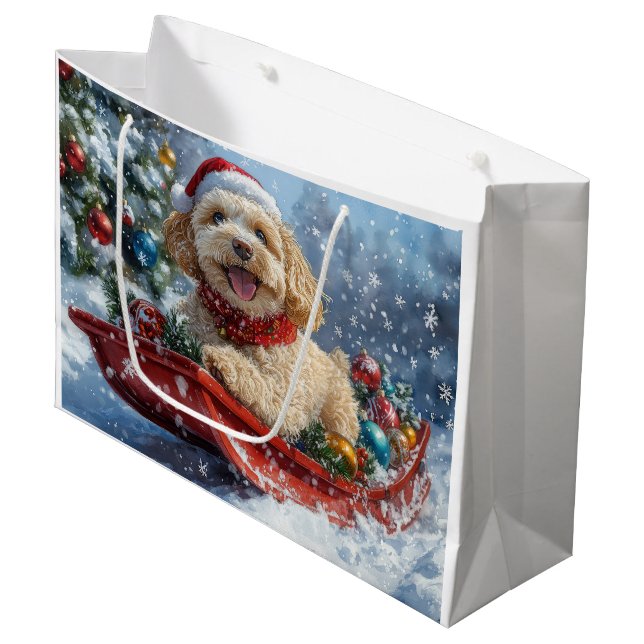 Grand Sac Cadeau Cockapoo Dog in Sledge Let it Neige Christmas (Devant Angle)