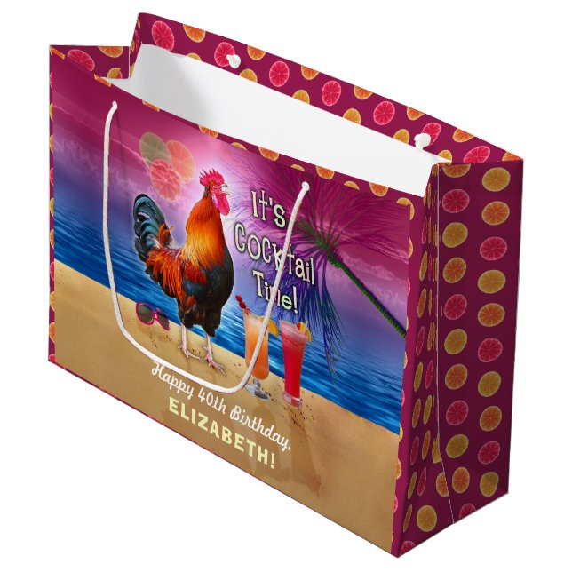 Grand Sac Cadeau Cocktail Party Tropical Rooster Funny Anniversaire (Devant Angle)