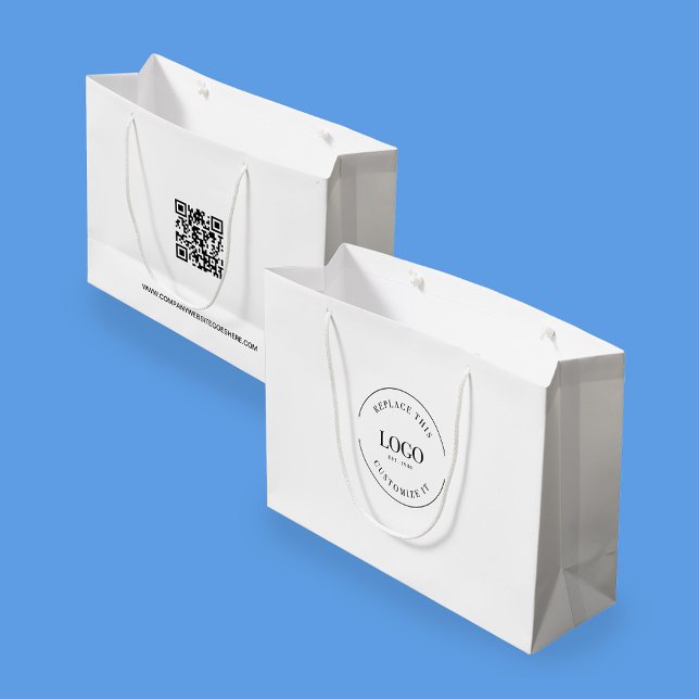 Grand Sac Cadeau Code QR Logo commercial Site de l'entreprise Perso (Front and back of business gift bag with logo, QR code and website.)