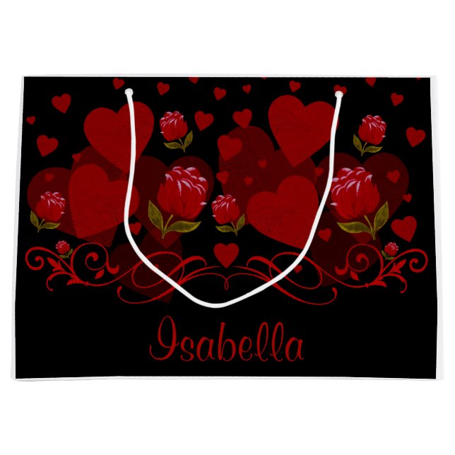 Grand Sac Cadeau Coeur rouge, roses rouges pour la Saint Valentin (Devant)