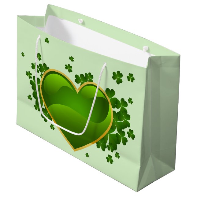 Grand Sac Cadeau Coeur vert doré avec Shamrock (Devant Angle)