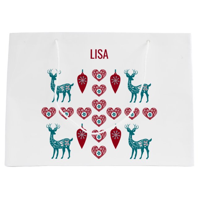 Grand Sac Cadeau Coeurs de Noël scandinaves Rennes Baubles rouges (Devant)