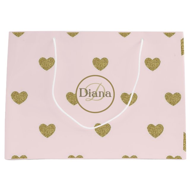 Grand Sac Cadeau Coeurs élégants Blush Pink Monogramme Nom (Devant)