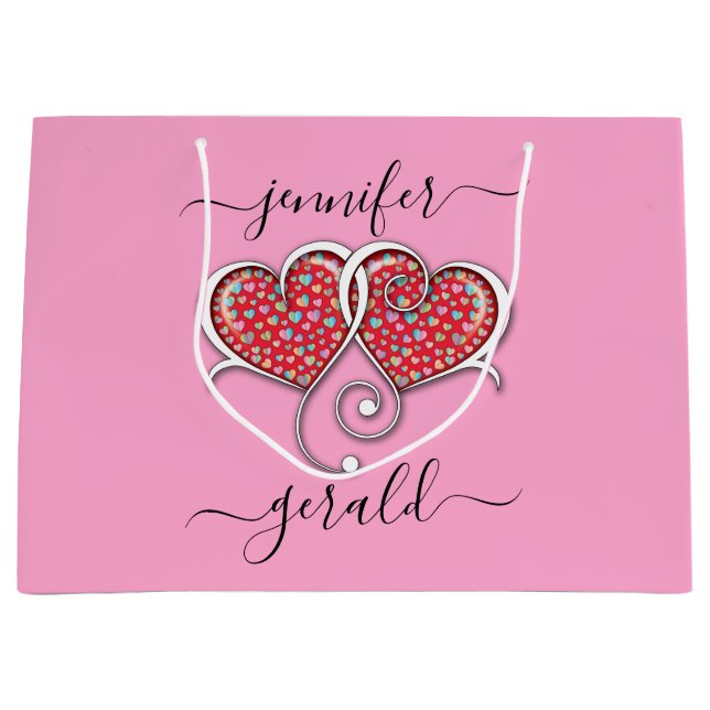 Grand Sac Cadeau Cœurs Élégants Entrelacés pour la Saint-Valentin (Devant)