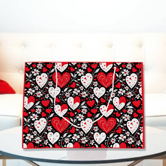 Grand Sac Cadeau Coeurs et fleurs rouges, noirs et blancs