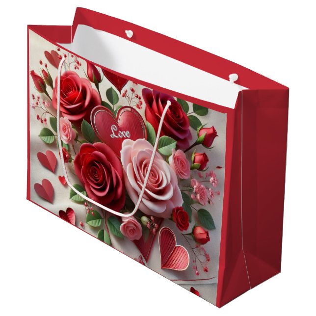 Grand Sac Cadeau Coeurs et roses rouges Saint Valentin (Devant Angle)