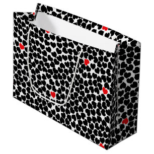 Grand Sac Cadeau Coeurs noir et rouge sur blanc