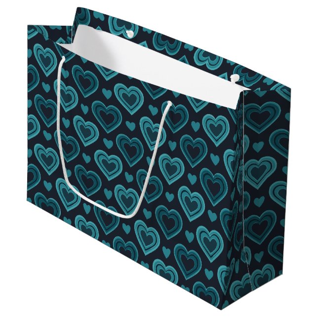 Grand Sac Cadeau Coeurs turquoises (Devant Angle)