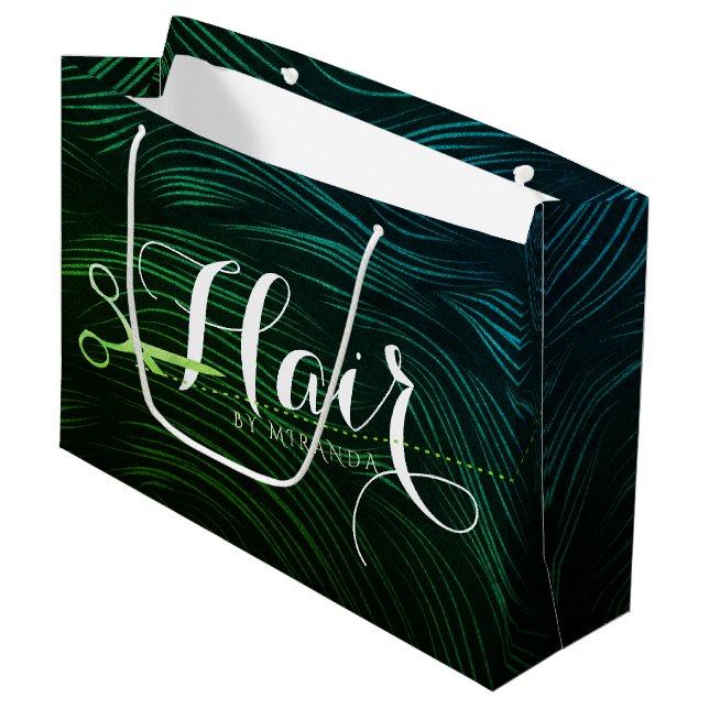 Grand Sac Cadeau Coiffeuse Coiffeuse Beauté Green Ciseaux Or (Devant Angle)