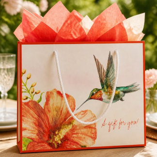 Grand Sac Cadeau Colibri et fleur d'Hibiscus