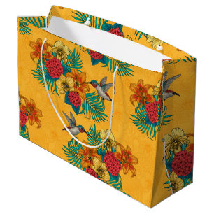 Grand Sac Cadeau Colibris et bouquet tropical en jaune