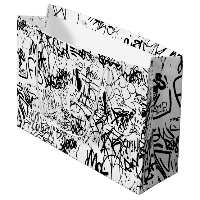Grand Sac Cadeau Collage Abstrait de graffiti noir et blanc (Devant Angle)