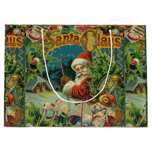 Grand Sac Cadeau Collage de Noël victorien du Père Noël Antique