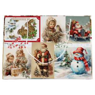 Grand Sac Cadeau Collage de Noël Vintage avec Père Noël et les enfa