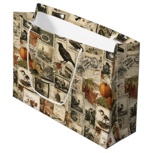 Grand Sac Cadeau Collage Ephémère d'automne vintage Oiseaux rusti