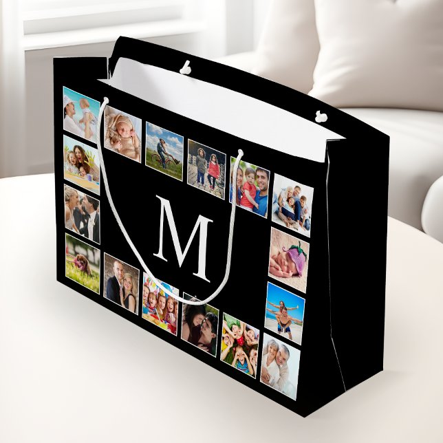 Grand Sac Cadeau Collage photo de famille personnalisée Noir person (Créateur téléchargé)