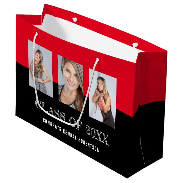 Grand Sac Cadeau Collage photo de la graduation noire et rouge (Devant Angle)