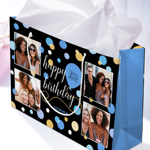 Grand Sac Cadeau Collage photo personnalisé Anniversaire bleu 30e