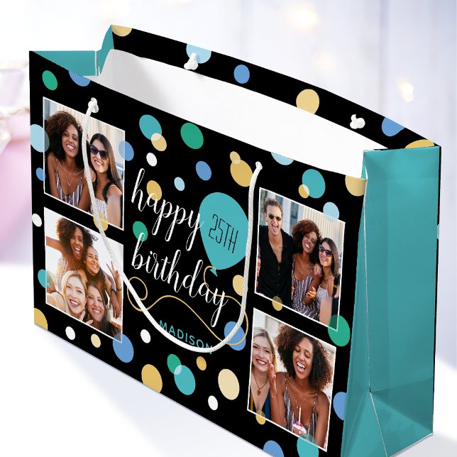 Grand Sac Cadeau Collage photo personnalisé Anniversaire Turquoise  (Créateur téléchargé)