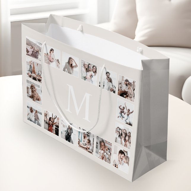 Grand Sac Cadeau Collage photo personnalisé Beige personnalisé (Créateur téléchargé)