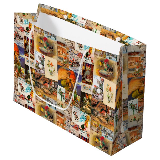 Grand Sac Cadeau Collage vintage suédois Jultomte Gnome (Devant Angle)