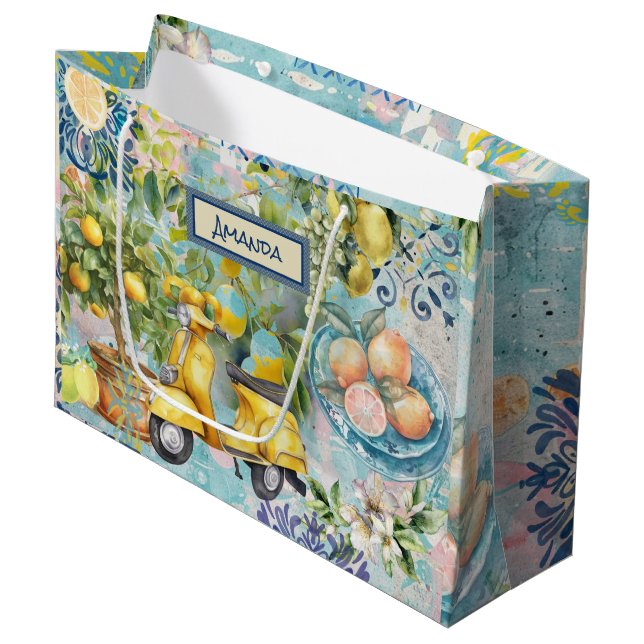 Grand Sac Cadeau Collier d'agrumes sicilien bleu chic (Devant Angle)